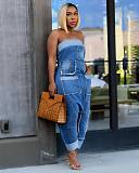 Sexy Strapless Women Pockets Patchwork Loose Denim Jumpsuit NY-5006