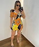 Stylish Prints Girls Flounced Sleeves Hollow-out Short Dresses NY-10786