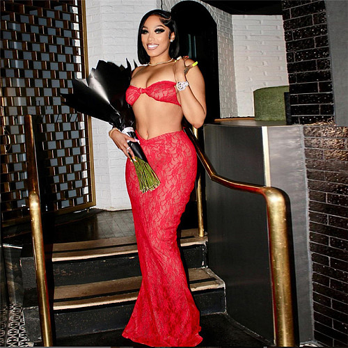 Women Sexy Red Lace Strapless Bralette And Package Hips Long Skirts SXE-K24S47556