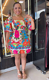 Fashion Printed Women Drop Shoulder Lantern Sleeves Backless Mini Dress NY-10777