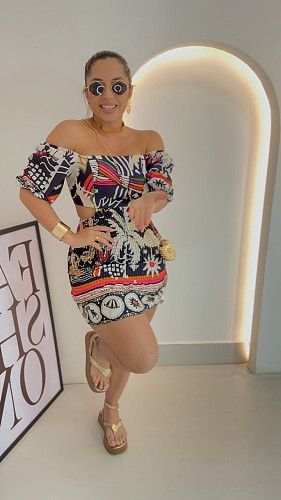 Fashion Printed Women Drop Shoulder Lantern Sleeves Backless Mini Dress NY-10777