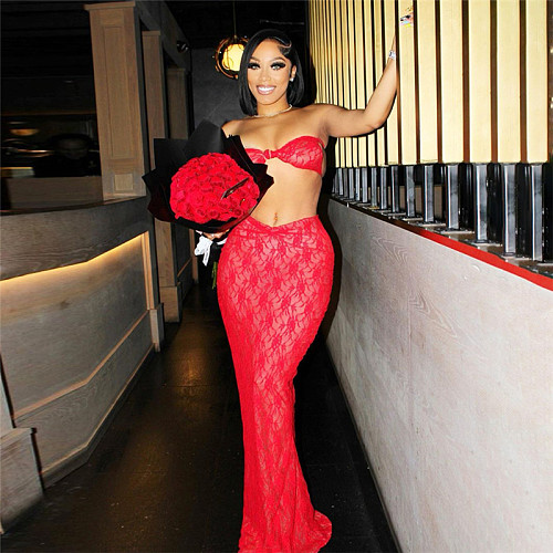 Women Sexy Red Lace Strapless Bralette And Package Hips Long Skirts SXE-K24S47556