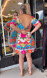 Fashion Printed Women Drop Shoulder Lantern Sleeves Backless Mini Dress NY-10777