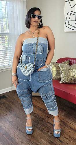 Sexy Strapless Women Pockets Patchwork Loose Denim Jumpsuit NY-5006