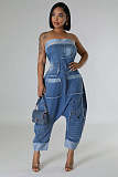 Sexy Strapless Women Pockets Patchwork Loose Denim Jumpsuit NY-5006