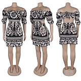 Fashion Printed Women Drop Shoulder Lantern Sleeves Backless Mini Dress NY-10777