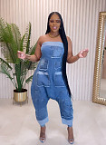 Sexy Strapless Women Pockets Patchwork Loose Denim Jumpsuit NY-5006