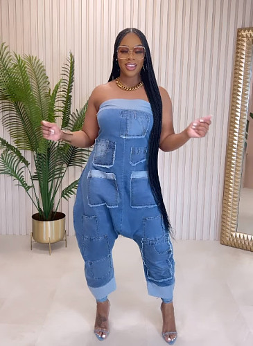 Sexy Strapless Women Pockets Patchwork Loose Denim Jumpsuit NY-5006
