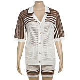 Fashion Women Hollow-out Lapel Buttons Tops And High-waist Shorts Knit Sets SXE-W23S33071