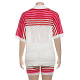 Fashion Women Hollow-out Lapel Buttons Tops And High-waist Shorts Knit Sets SXE-W23S33071