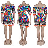Fashion Printed Women Drop Shoulder Lantern Sleeves Backless Mini Dress NY-10777