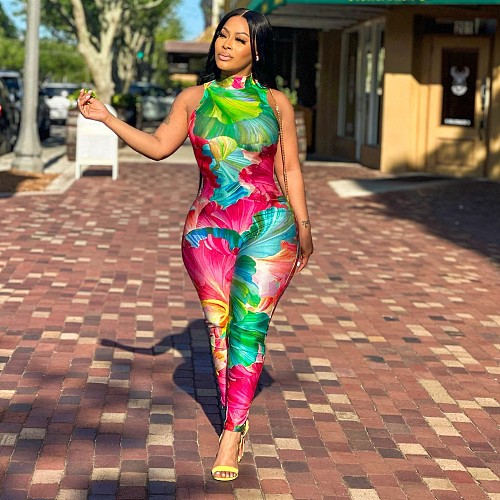 Stylish Printed Women Sleeveless Slim Bodycon Long Jumpsuit NY-10778