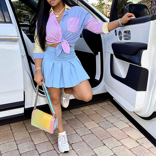 Stylish Girls Stripes Print Three Quarter Sleeve Blouse And Pleated Short Skirt HMS-6438