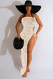 Sexy Women Strapless Sleeveless Solid Color High-split Knit Slim Long Dress MDF-5503