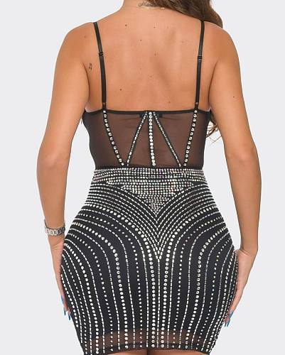 Sexy Hot Drilling Transparent Straps Patchwork Package Hips Mini Dress NY-3196
