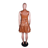 V Neck PU Leather Sleeveless Ruffle Loose Dress BS-1304