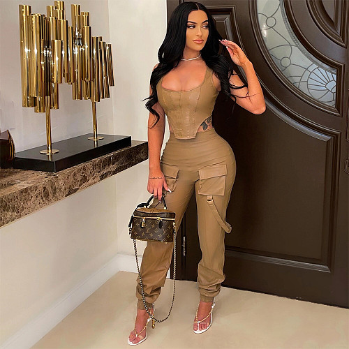 PU Leather Sleeveless Irregular Vest Cargo Pants Set SFY-2156