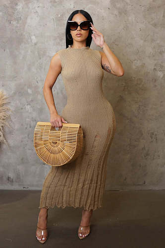 Stylish Women Sleeveless Sunblock Smock Beach Knit Maxi Dress OSM-4455