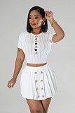 Casual Girls Knitted Buttons Pleated Mini Sweater Skirt Sets OSM-4411