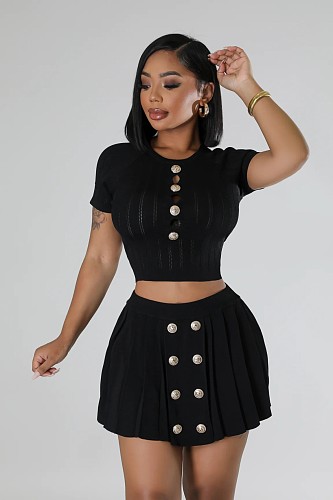 Casual Girls Knitted Buttons Pleated Mini Sweater Skirt Sets OSM-4411