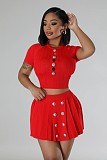 Casual Girls Knitted Buttons Pleated Mini Sweater Skirt Sets OSM-4411