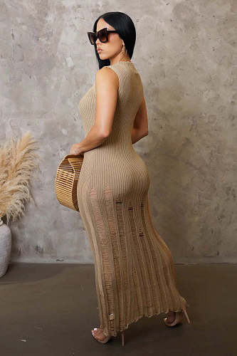 Stylish Women Sleeveless Sunblock Smock Beach Knit Maxi Dress OSM-4455