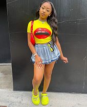 Women Slim Package Hips Denim Pleated Short Skirt LX-6010