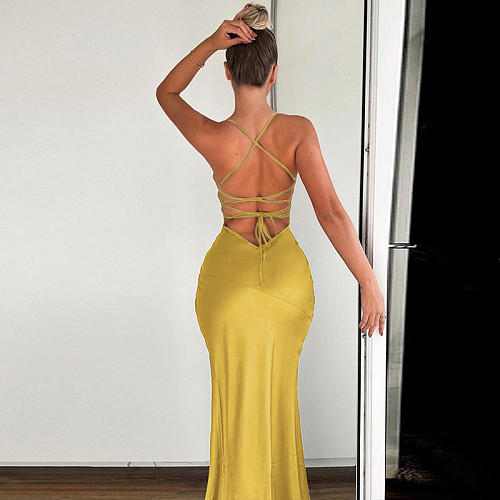 Sexy Lady Low-cut Backless Lace-up Split Long Dress BLG-D3B15041K