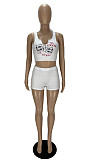 Streetwear Pattern Print Knitted Sleeveless Crop Top Skinny Shorts Women Summer Two Piece Matching Sets XY-9102
