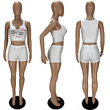 Streetwear Pattern Print Knitted Sleeveless Crop Top Skinny Shorts Women Summer Two Piece Matching Sets XY-9102
