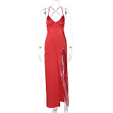 Sexy Lady Low-cut Backless Lace-up Split Long Dress BLG-D3B15041K