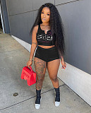 Streetwear Pattern Print Knitted Sleeveless Crop Top Skinny Shorts Women Summer Two Piece Matching Sets XY-9102