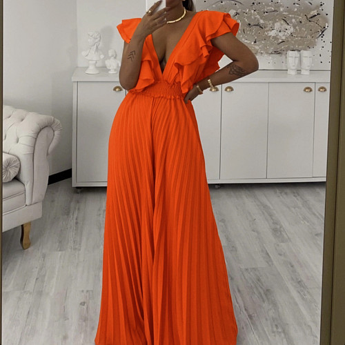 Sexy Deep-V Ruffles Pleated Wide-leg Jumpsuit RS-8574