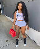 Streetwear Pattern Print Knitted Sleeveless Crop Top Skinny Shorts Women Summer Two Piece Matching Sets XY-9102