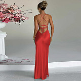 Sexy Lady Low-cut Backless Lace-up Split Long Dress BLG-D3B15041K