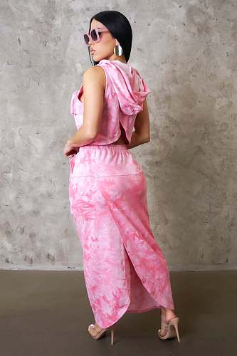 Casual Printed Girls Hoodies Vest And Pockets Split Long Skirt NY-10766