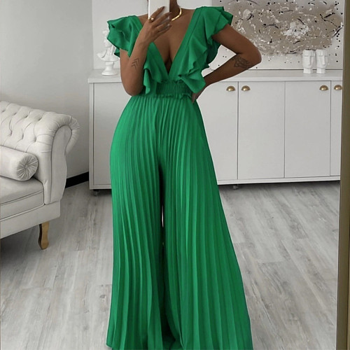 Sexy Deep-V Ruffles Pleated Wide-leg Jumpsuit RS-8574