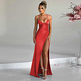 Sexy Lady Low-cut Backless Lace-up Split Long Dress BLG-D3B15041K