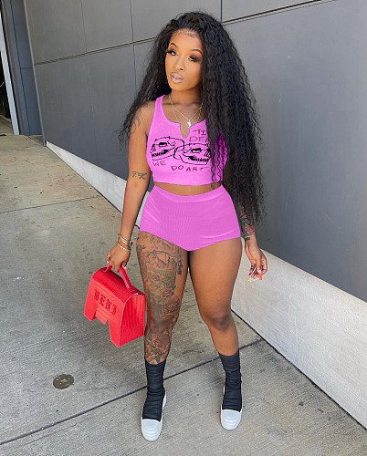 Streetwear Pattern Print Knitted Sleeveless Crop Top Skinny Shorts Women Summer Two Piece Matching Sets XY-9102