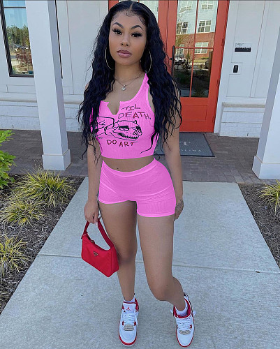 Streetwear Pattern Print Knitted Sleeveless Crop Top Skinny Shorts Women Summer Two Piece Matching Sets XY-9102