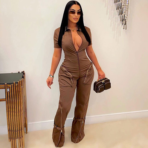 Casual Women Zipper Short Sleeves Pockets Cargo Jumpsuit NY-3172