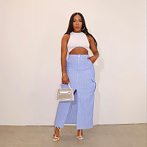 Summer Women Stripes High-waist Pockets Split Long Skirt BN-9445