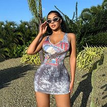 Fashion Print Women Sleeveless Vest Tight Mini Dress WDS-240318
