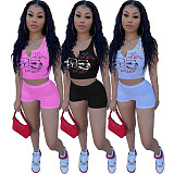 Streetwear Pattern Print Knitted Sleeveless Crop Top Skinny Shorts Women Summer Two Piece Matching Sets XY-9102
