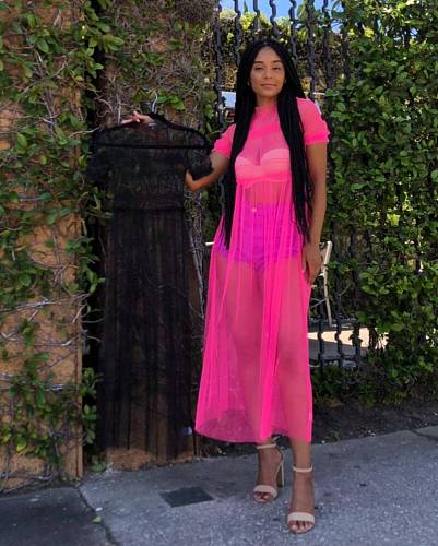 Sexy See-through Mesh Short Sleeves Top Maxi Dress OSM-4064