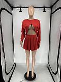 Women Two Piece Set Solid Long Sleeve Round Neck Mini Skirt XRB-10080