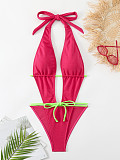 Sexy Halter Backless Lace-up Bikini Swimsuit Rose Red MJ-050