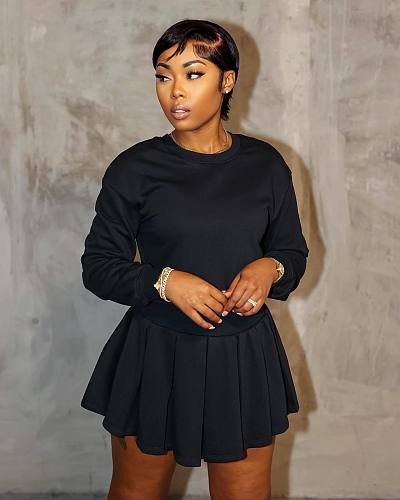 Women Two Piece Set Solid Long Sleeve Round Neck Mini Skirt XRB-10080