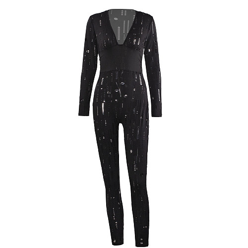 2024 Sexy Hollow Out Broken-holes Low-cut Black Tight Jumpsuit PY-90320