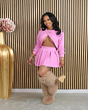 Women Two Piece Set Solid Long Sleeve Round Neck Mini Skirt XRB-10080